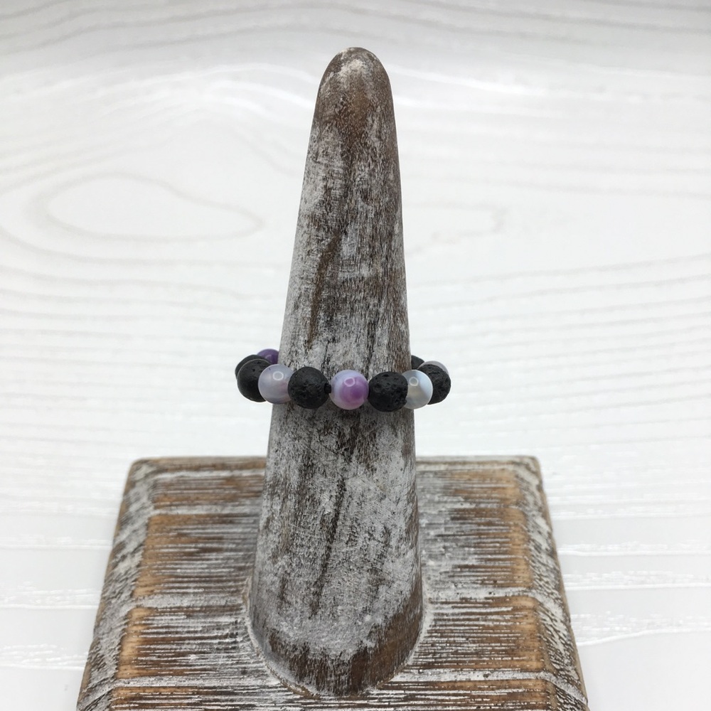 HANDCRAFTED Purple Banded Agate & Lava Stretch Bead Ring